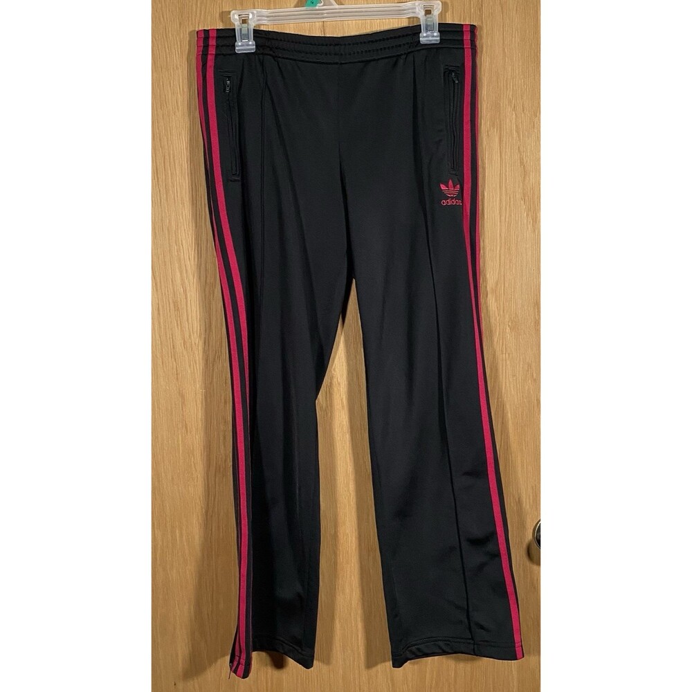 Vtg Y2K Adidas Track Pants Women's M Black Pink Stripes Baggy Streetwear Sporty